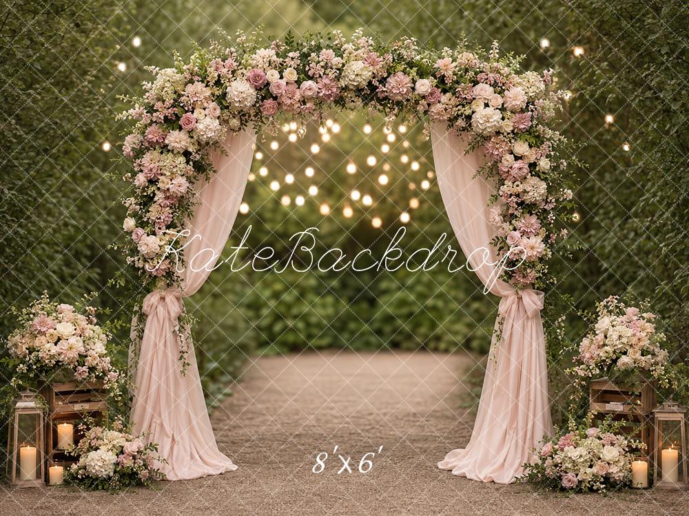 Kate Wedding Romantic Garden Flower Arch Drapes String Lights Printed Backdrop Designed by Angela Miller