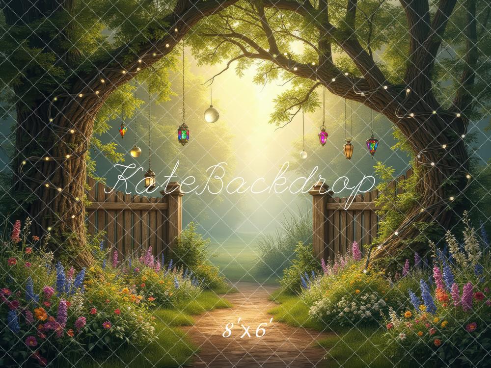 Kate Fairy Fantasy Garden Trees Lanterns Path Printed Backdrop Designed by Laura Bybee