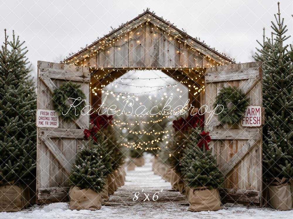 Kate Christmas Tree Farm Rustic Wood Barn Printed Backdrop Designed by Emetselch