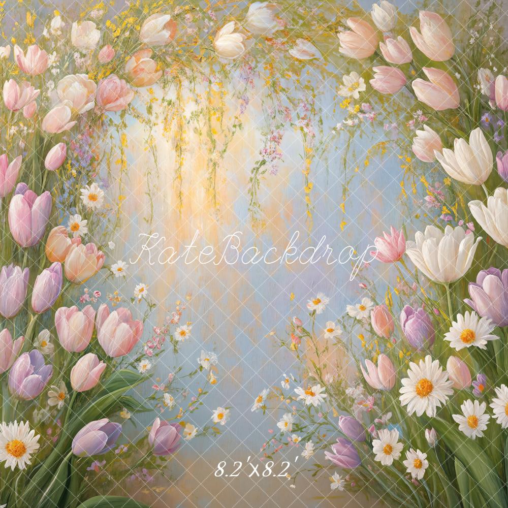 Kate Spring Watercolor Flower Arch Pastel Tulips Daisies Backdrop Designed by Emetselch