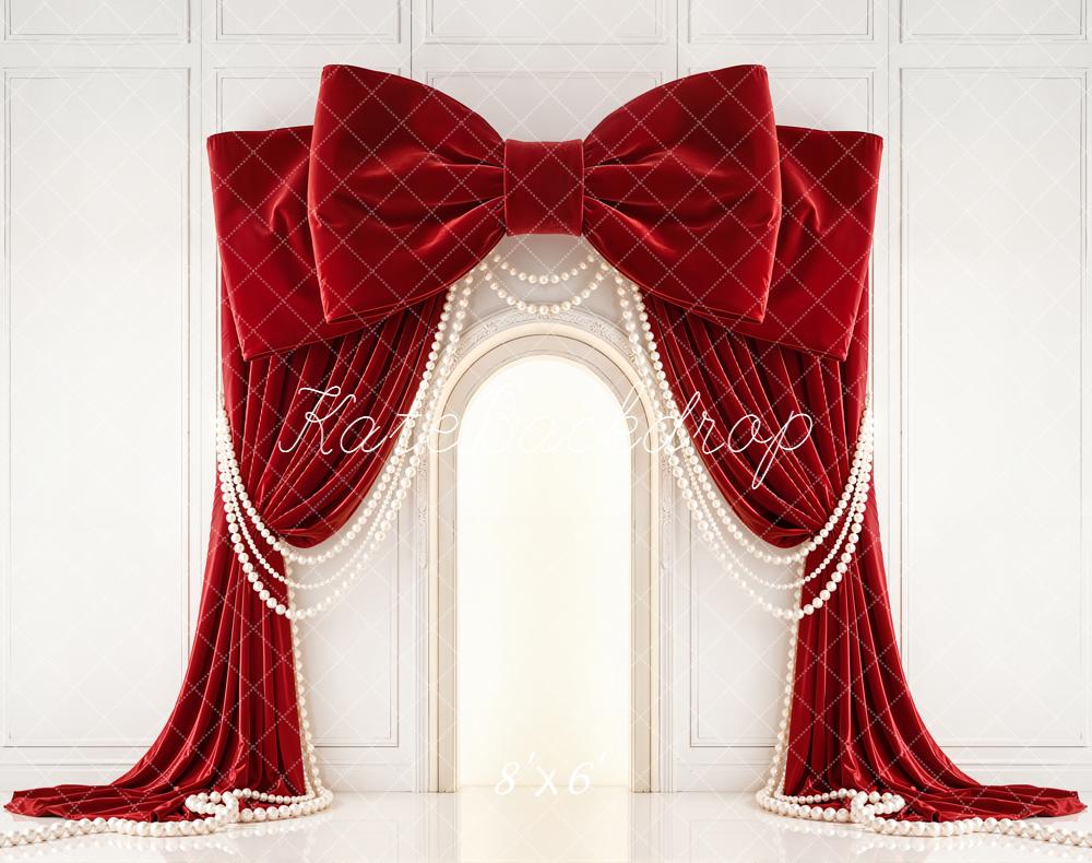 Kate Red Bow Drapes Pearls Arch Wall Backdrop Designed by Emetselch