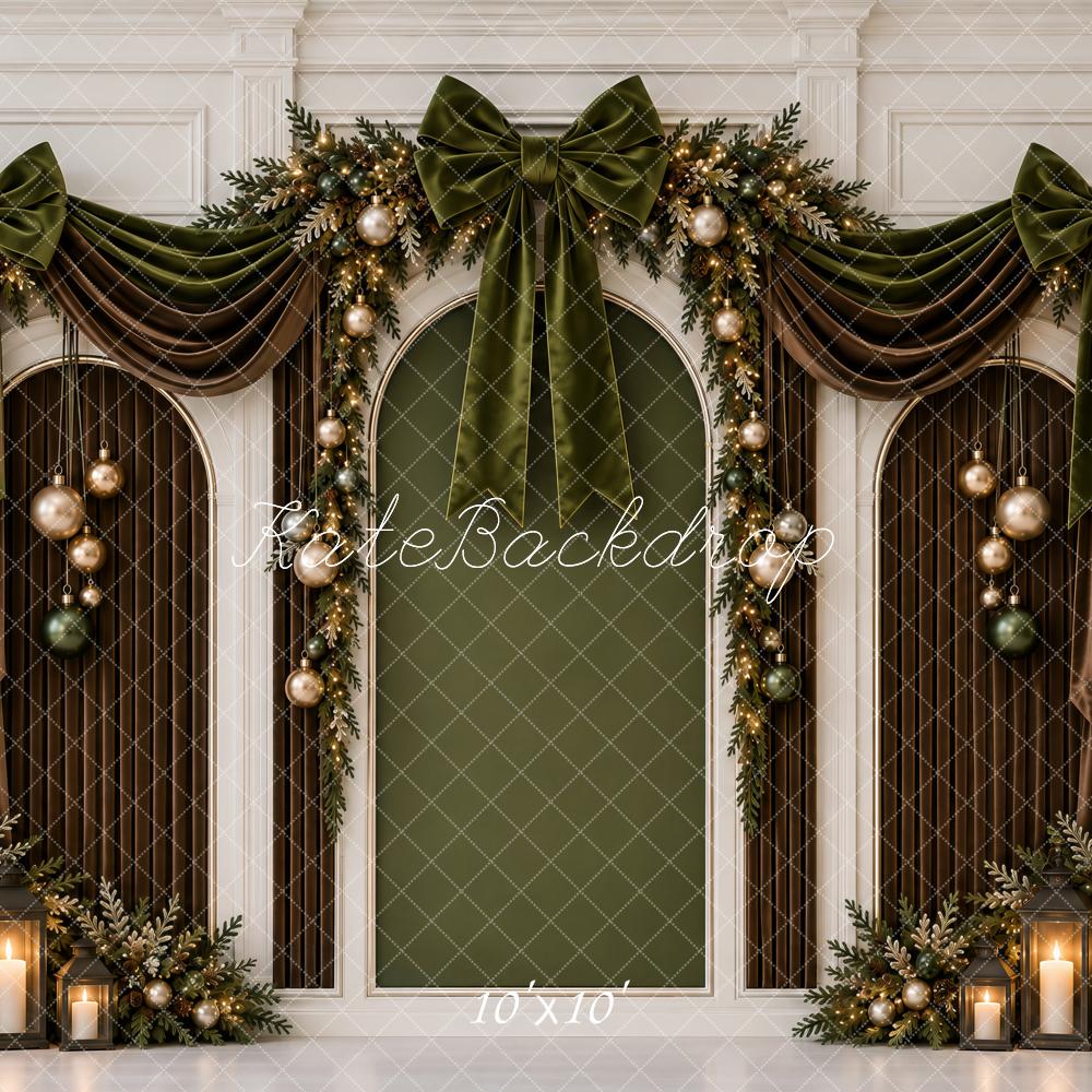 Kate Christmas Arched Wall Green Velvet Bow Garland Printed Backdrop Designed by Ashley Paul