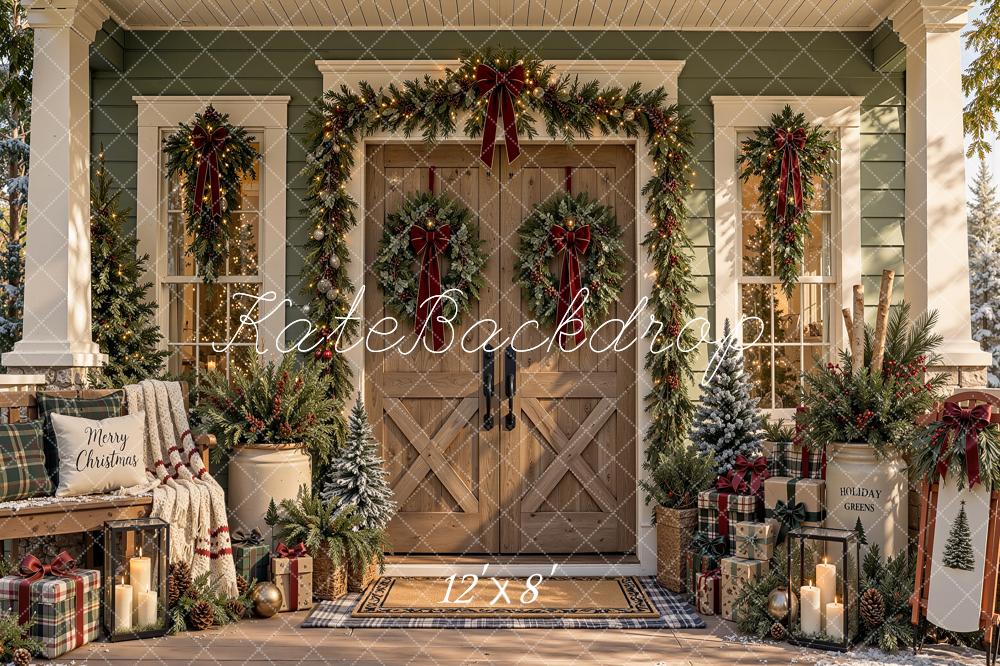 Kate Christmas Rustic Wood Front Door Garland Wreaths Blanket Printed Backdrop Designed by Shutter Swan Studios