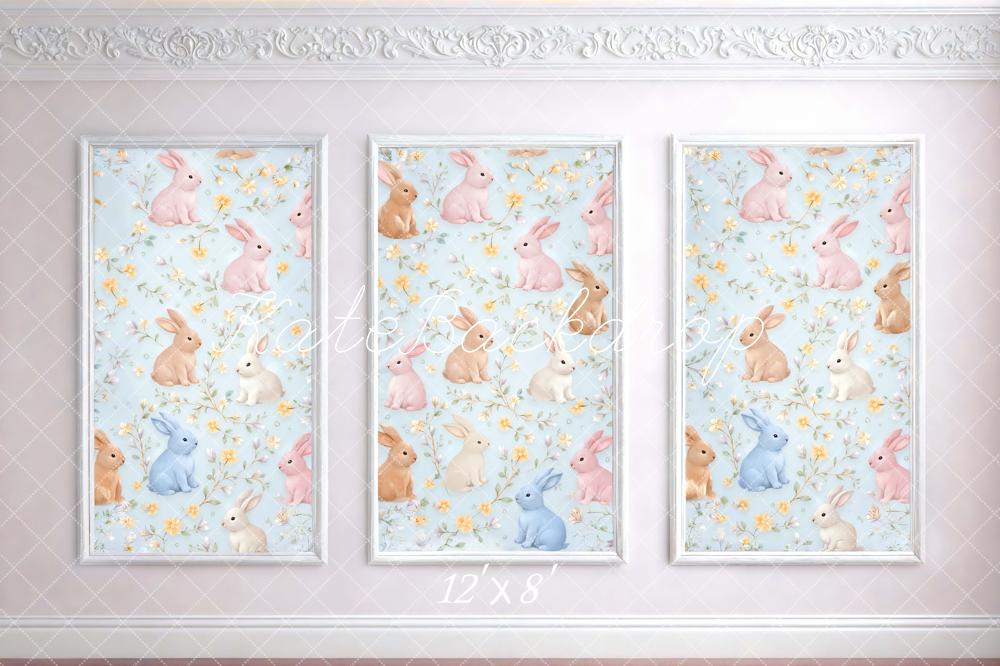 Kate Easter Bunny Floral Pastel Blue Wall Printed Backdrop Designed by Mini MakeBelieve