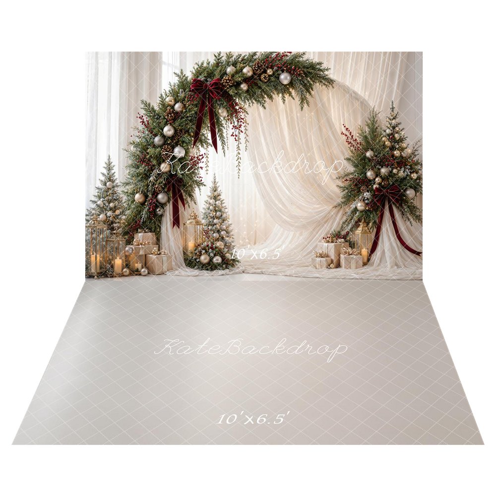 Kate Christmas Circle Flower Arch White Drapes Gold Ornaments Gifts Printed Backdrop+White Floor Printed Backdrop