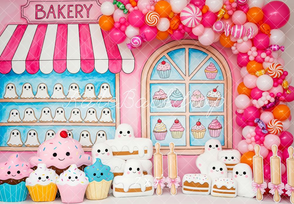 Kate Halloween Bakery Shop Ghosts Cupcakes Pink Balloons Backdrop Designed by Patty Roberts
