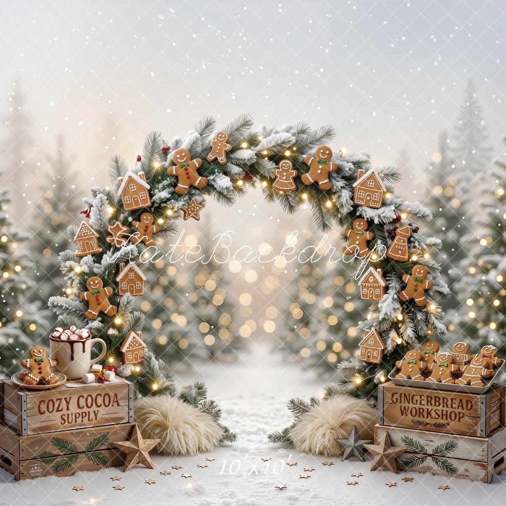 Kate Christmas Gingerbread Cookie Arch Snowy Trees Printed Backdrop Designed by Emetselch