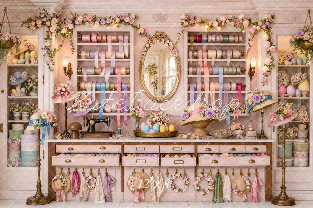 Kate Easter Bonnet Shop Pink Floral Ribbon Printed Backdrop Designed by Patty Roberts