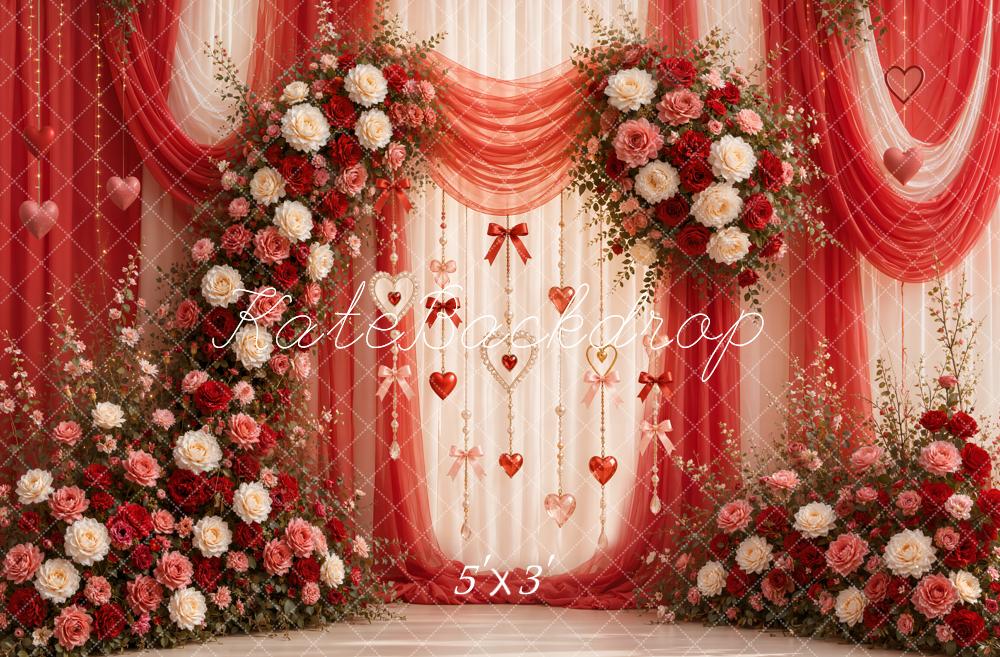 Kate Valentine's Day Floral Red Drapes Arch Hearts Garland Printed Backdrop Designed by Emetselch