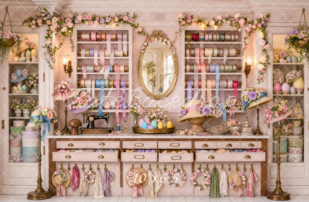Kate Easter Bonnet Shop Pink Floral Ribbon Printed Backdrop Designed by Patty Roberts