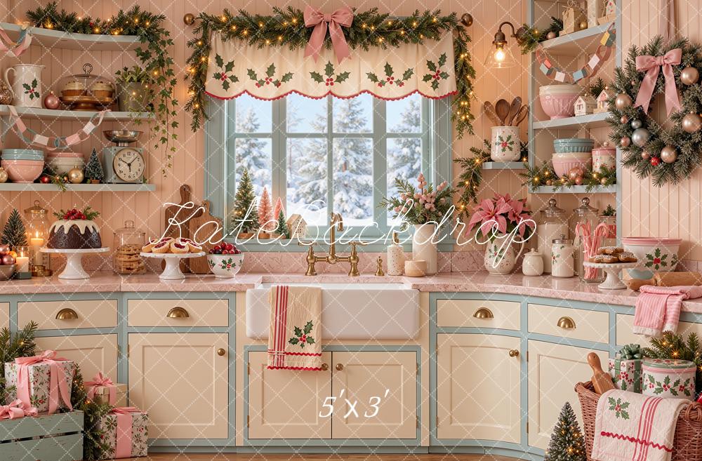 Kate Christmas Kitchen Pink White Garland Baking Printed Backdrop Designed by Shutter Swan Studios