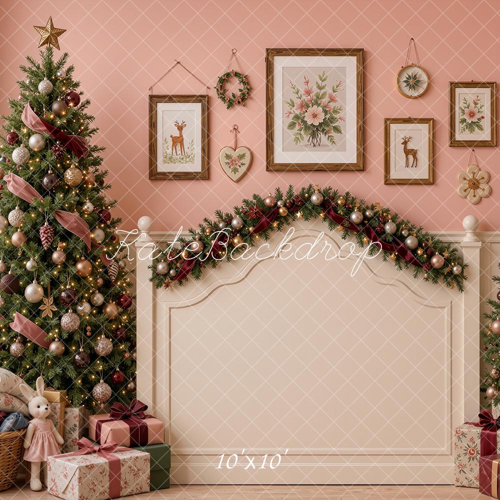 Kate Christmas Headboard Pink Trees Garland Printed Backdrop Designed by Shutter Swan Studios