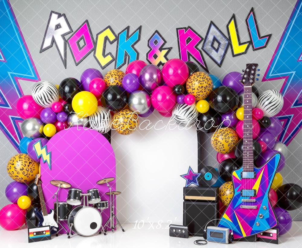 Kate Birthday Rock & Roll Balloon Arch Guitar Drum Set Printed Backdrop Designed by Mini MakeBelieve