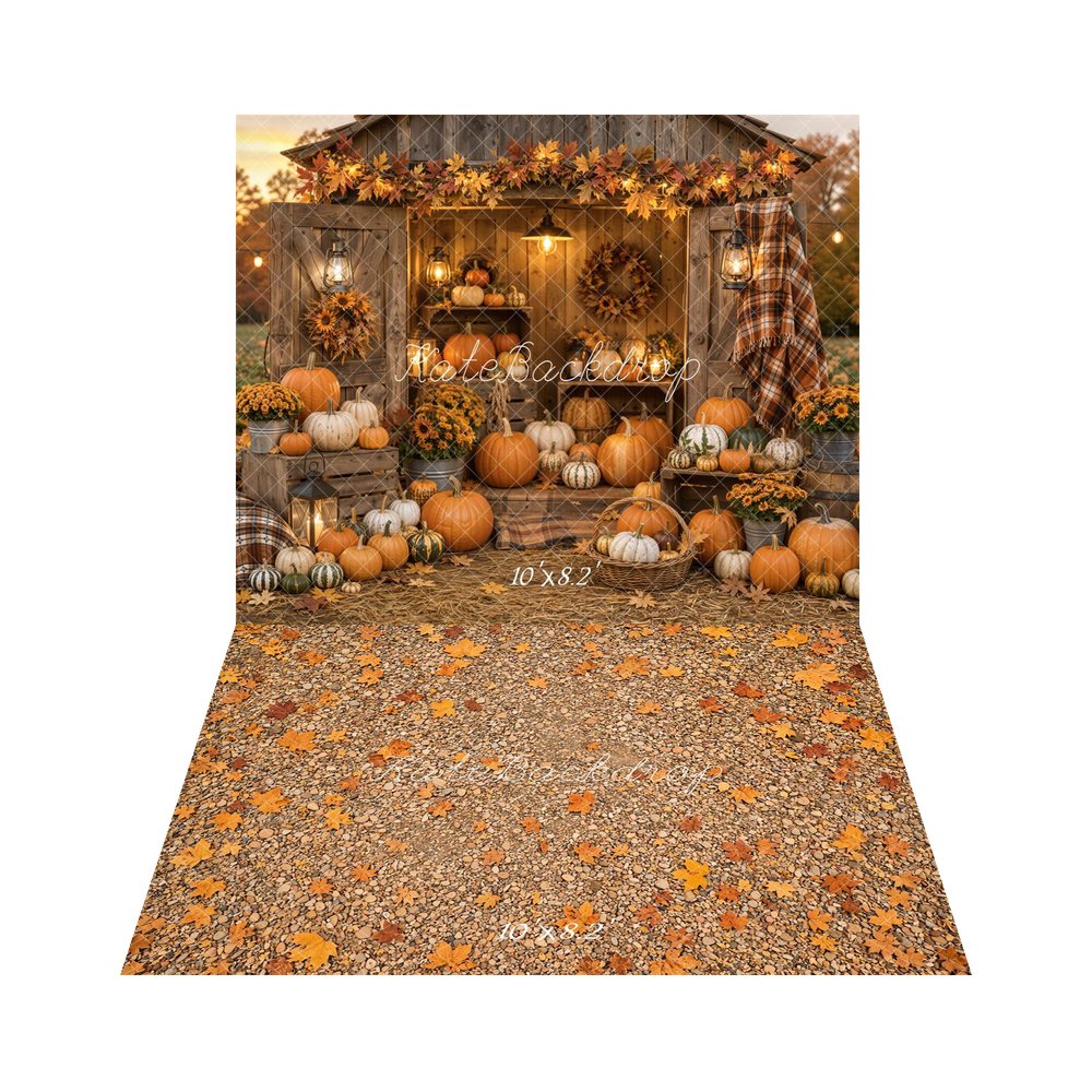 Kate Fall Pumpkin Market Sunflower Lantern Harvest Printed Backdrop+Fall Pebble Maple Leaves Floor Printed Backdrop