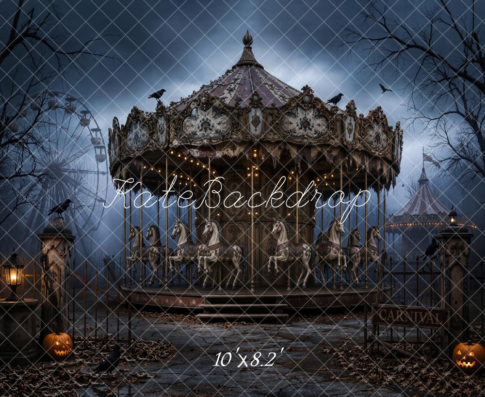 Kate Halloween Night Haunted Carousel Pumpkins Printed Backdrop Designed by Chain Photography