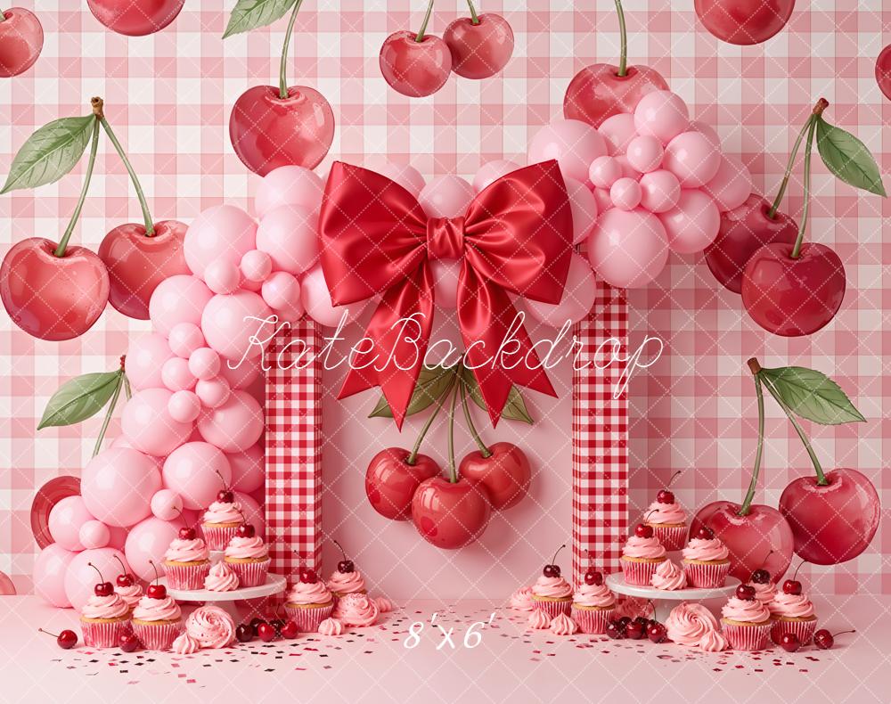 Kate Cake Smash Cherry Pink Gingham Balloon Arch Bow Cupcakes Backdrop Designed by Emetselch