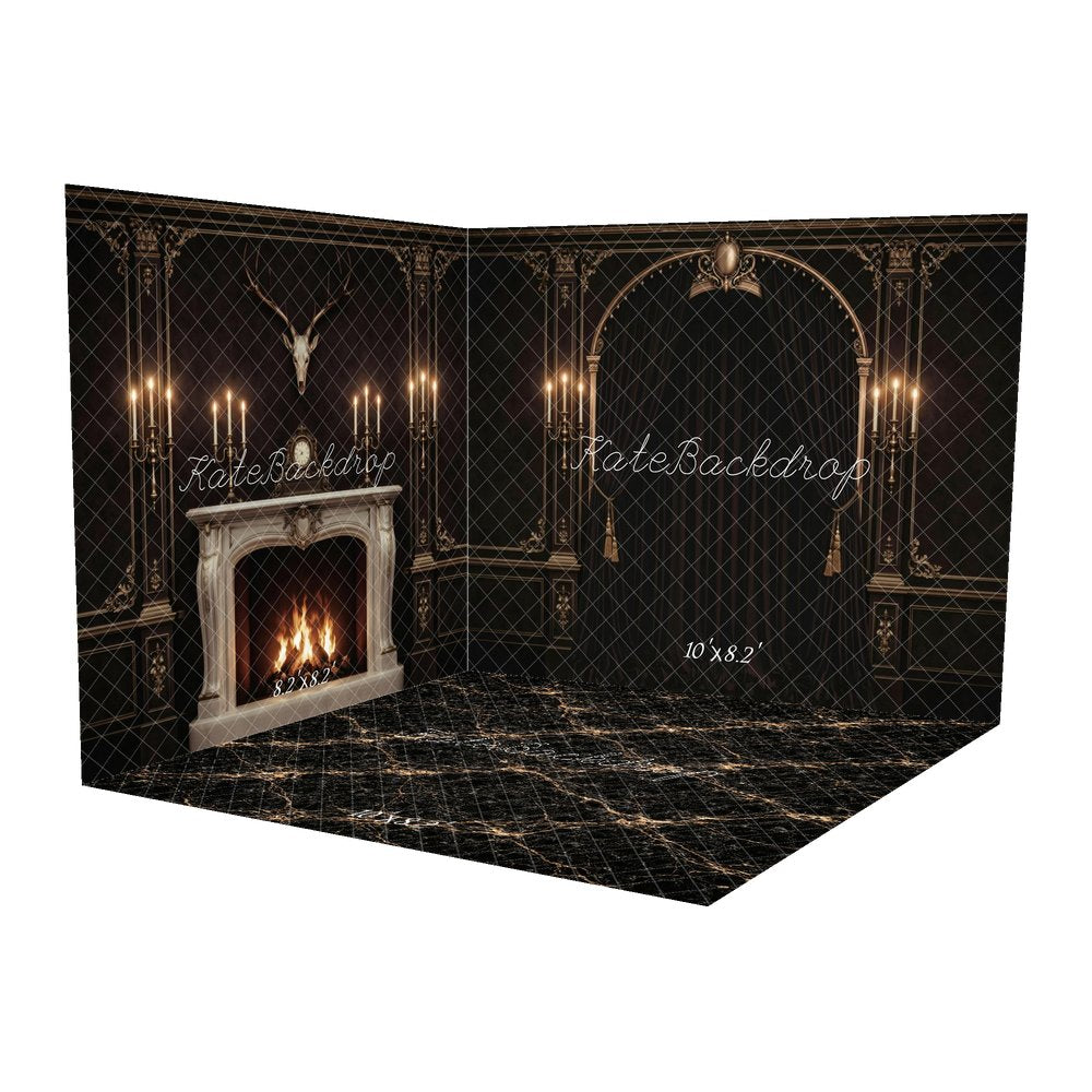 Kate Dark Vintage Arch Candlestick Wall Panel Printed Backdrop Room Set