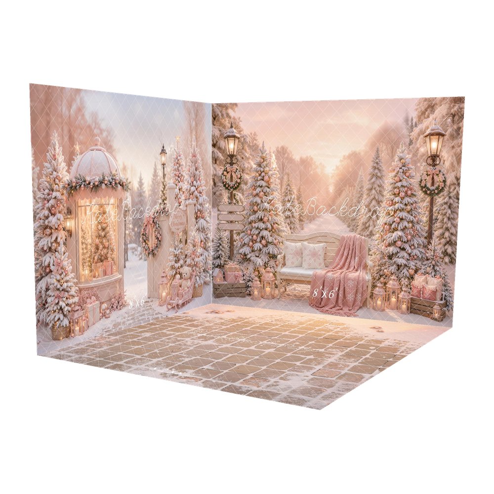 Kate Christmas Snowy Trees Bench Pink Gifts Outdoor Printed Backdrop Room Set