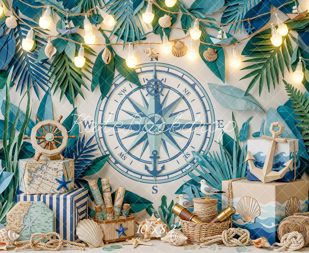 Kate Summer Nautical Compass Anchor Tropical Leaves Printed Backdrop Designed by Emetselch