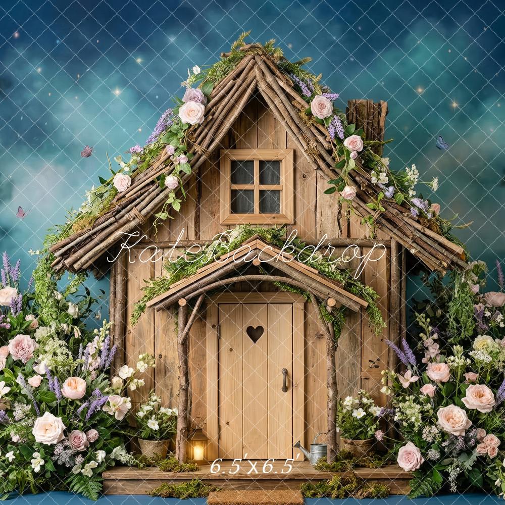 Kate Fairy Fantasy House Flowers Night Blue Printed Backdrop Designed by Patty Roberts