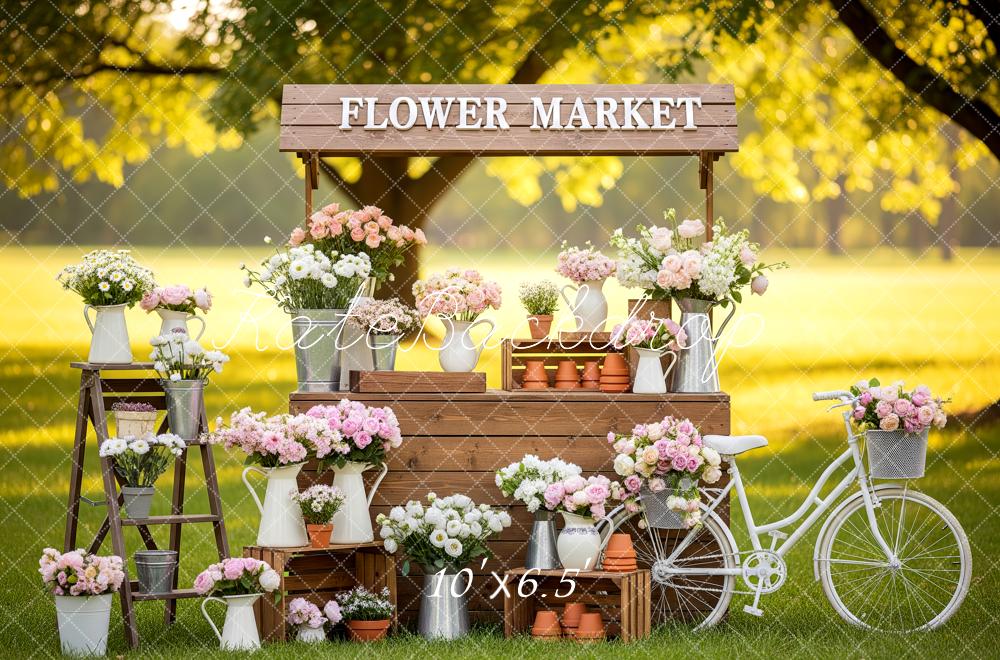 Kate Spring Flower Market Stand Bicycle Pink Flowers Outdoor Backdrop Designed by Patty Roberts