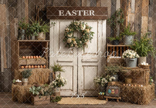 Kate Easter Rustic Door Eggs Flowers Hay Printed Backdrop Designed by Emetselch