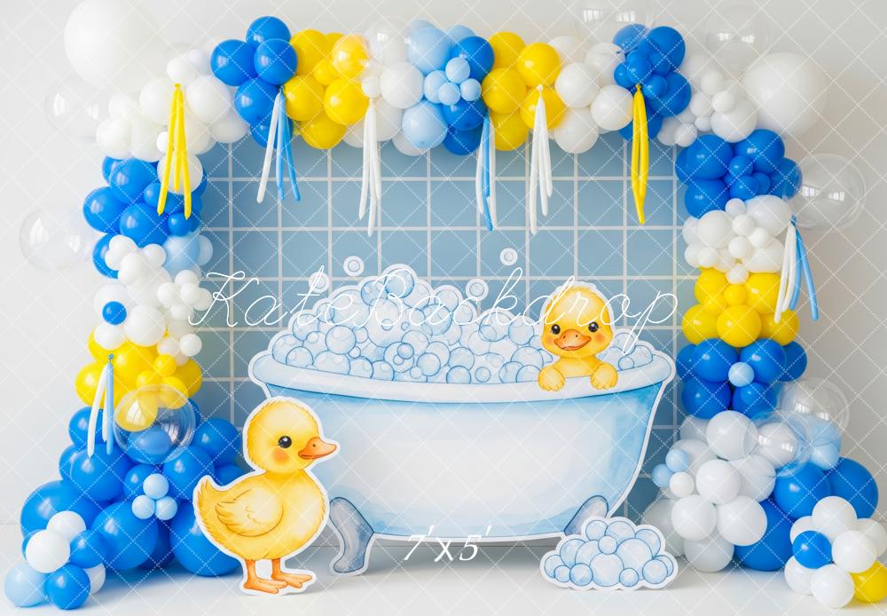 Kate Cake Smash Baby Shower Yellow Duck Bathtub Balloons Bubbles Backdrop Designed by Patty Roberts