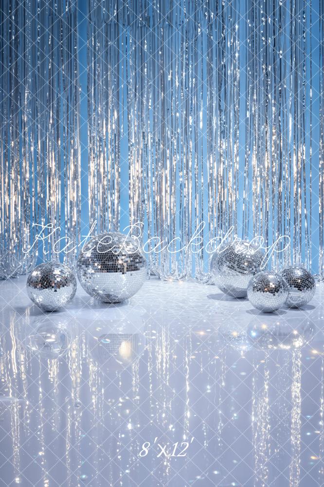 Kate Disco Silver Balls Tinsel Curtain Blue Printed Backdrop Designed by Emetselch