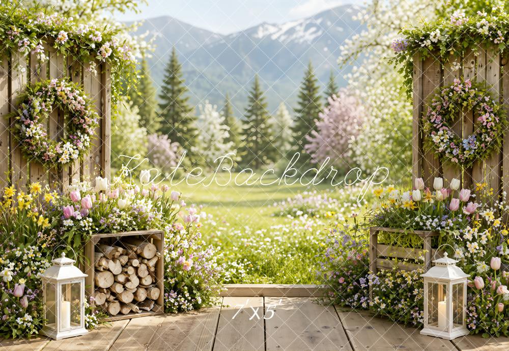 Kate Spring Floral Rustic Wooden Gate Mountain Garden Printed Backdrop Designed by Emetselch