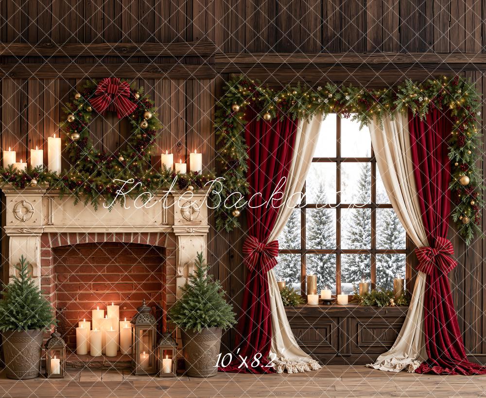 Kate Christmas Fireplace Candles Window Garland Red Curtains Printed Backdrop Designed by Emetselch