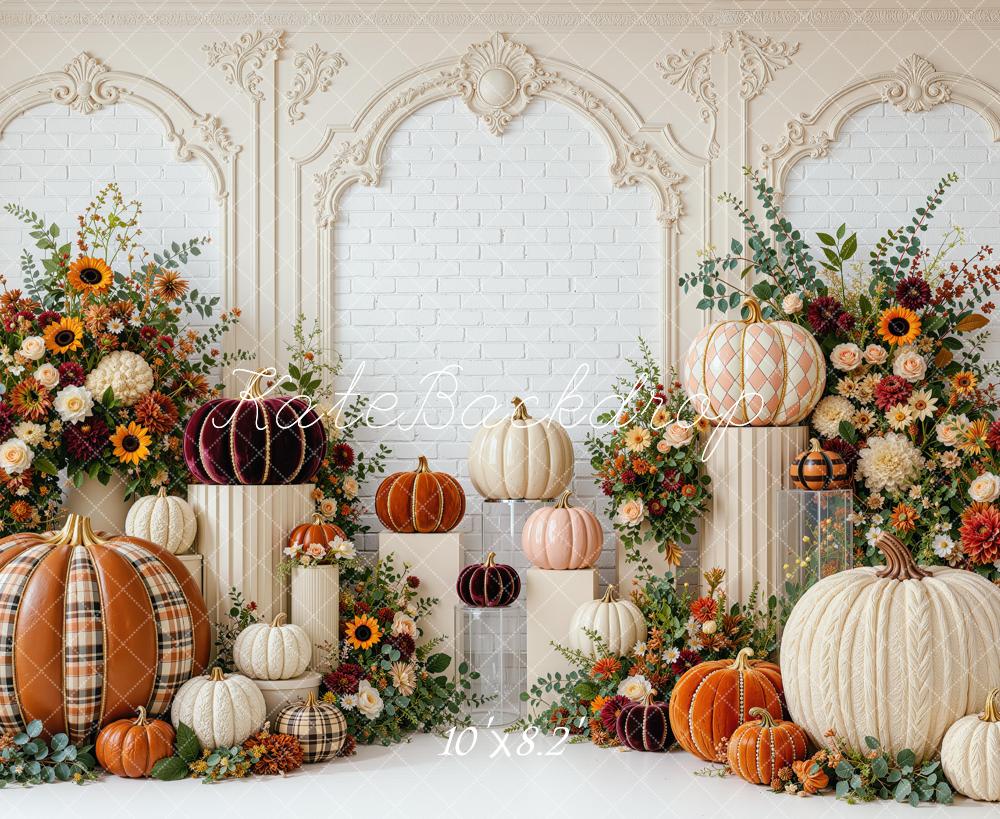 Kate Fall Pumpkin Harvest Floral Arch Vintage Wall Printed Backdrop Designed by Mini MakeBelieve