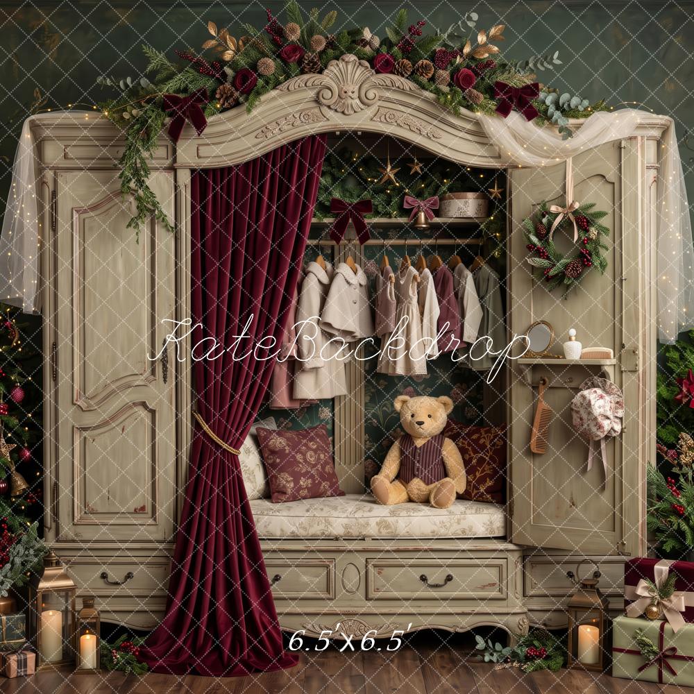 Kate Christmas Vintage Wardrobe Teddy Bear Tree Printed Backdrop Designed by Patty Roberts
