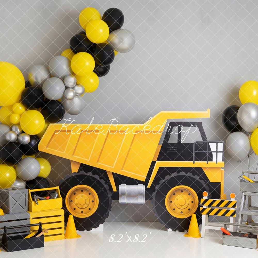 Kate Cake Smash Truck Construction Balloons Tires Yellow Printed Printed Backdrop Designed by Patty Roberts