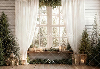 Kate Christmas Winter White Window Pine Trees Lanterns Printed Backdrop Designed by Emetselch