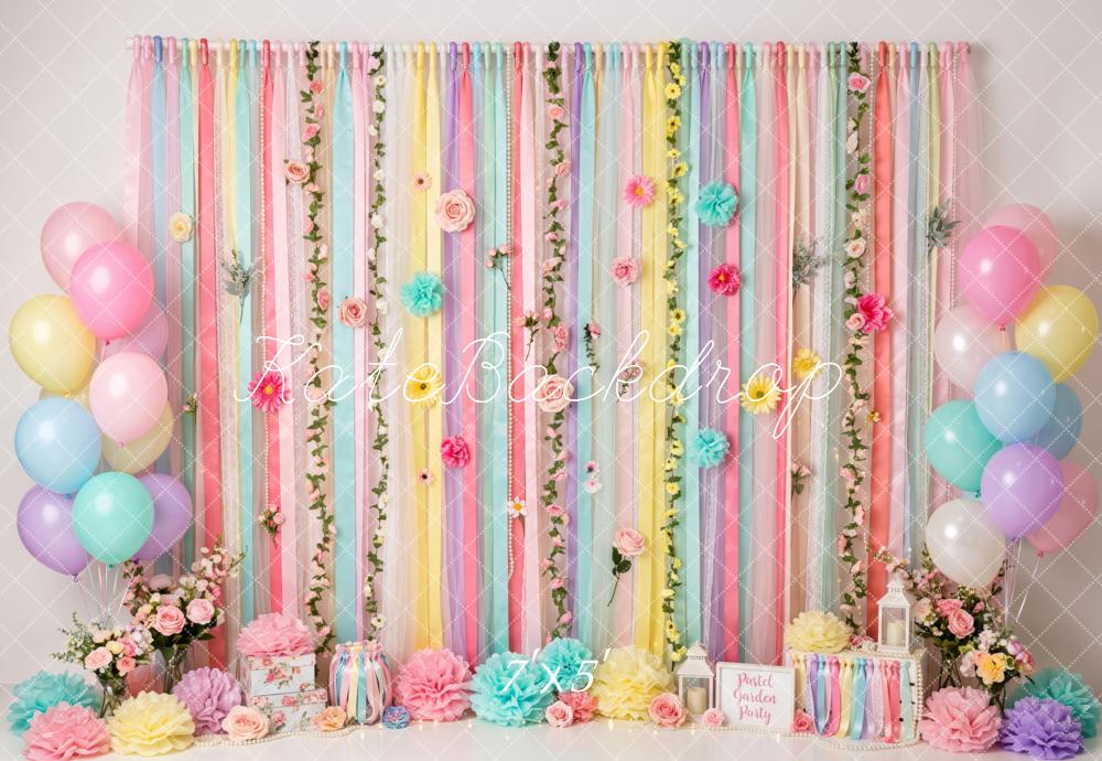 Kate Cake Smash Pastel Ribbons Floral Balloon Party Printed Backdrop Designed by Patty Roberts