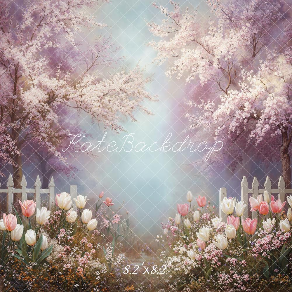 Kate Spring Cherry Blossom Trees Tulips White Picket Fence Backdrop Designed by Emetselch