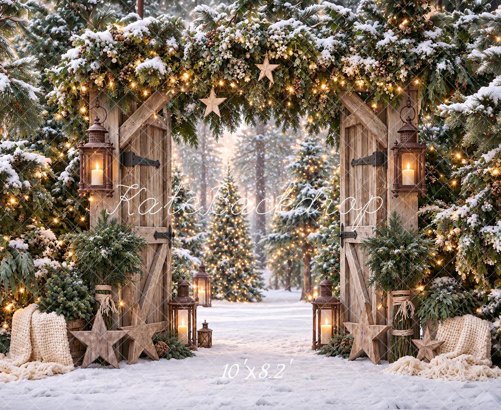 Kate Christmas Rustic Evergreen Wood Door Arch Stars Snowy Pine Trees Printed Backdrop Designed by Angela Miller