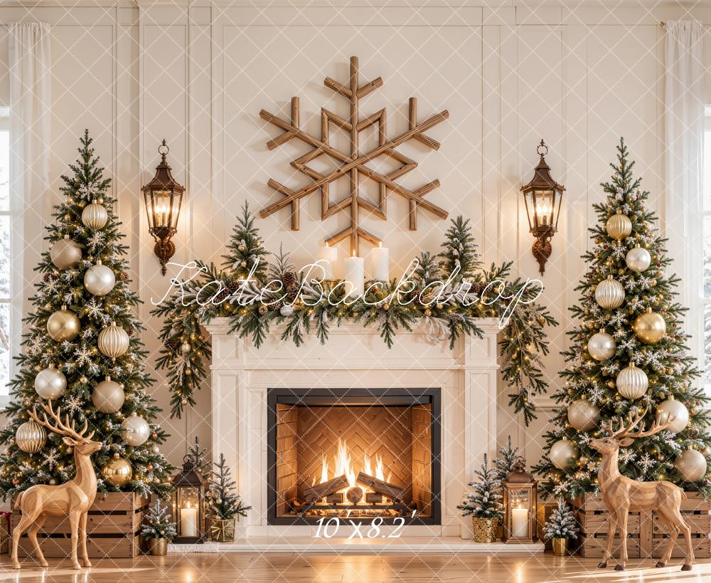 Kate Christmas Fireplace Christmas Trees Deer Printed Backdrop Designed by Emetselch