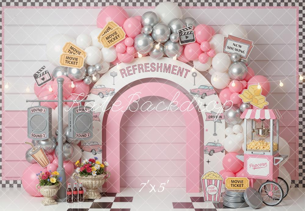 Kate Cake Smash Drive In Movie Refreshment Arch Balloons Popcorn Cart Printed Backdrop Designed by Mini MakeBelieve