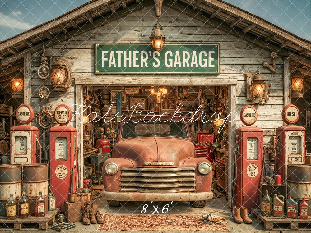 Kate Father's Day Garage Rusty Truck Gas Pumps Printed Backdrop Designed by Chain Photography