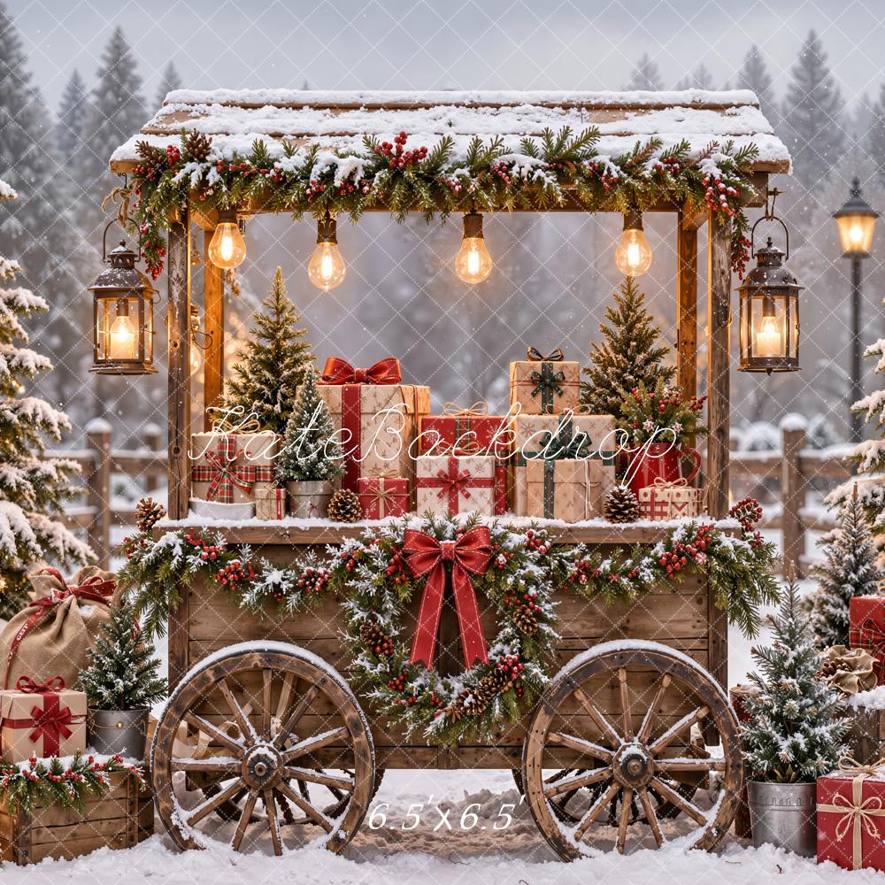 Kate Christmas Snowy Gift Cart Lanterns Printed Backdrop Designed by Emetselch