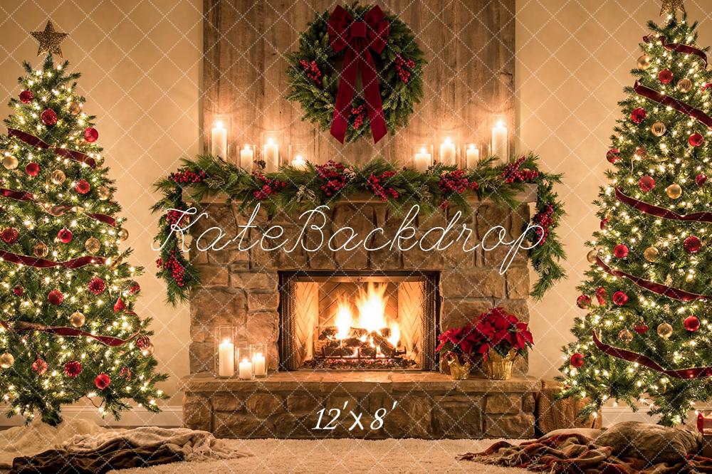 TEST Kate Christmas Tree Stone Fireplace Garland Red Bow Printed Backdrop Designed by Happy Squirrel Design