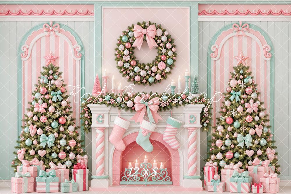Kate Christmas Pastel Candy Cane Fireplace Wreath Trees Printed Backdrop Designed by Emetselch