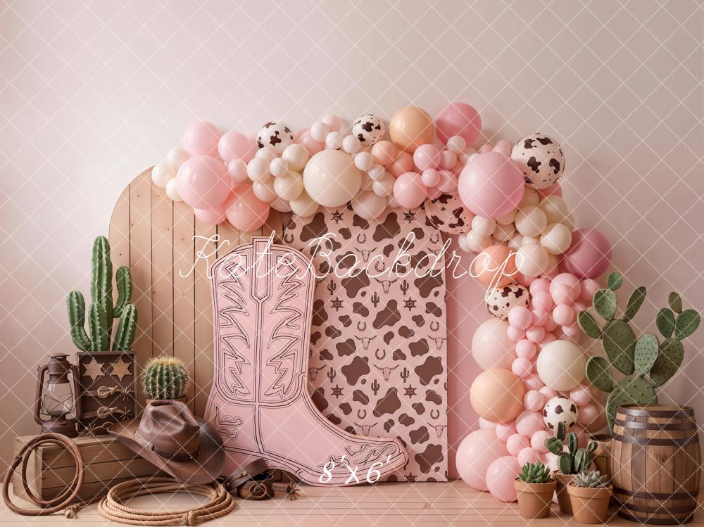 Kate Cake Smash Cowgirl Boot Cow Cactus Pink Printed Backdrop Designed by Chain Photography
