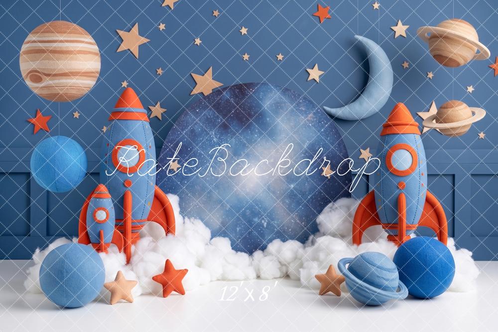 Kate Birthday Boys Space Rockets Planets Moon Printed Backdrop Designed by Angela Miller