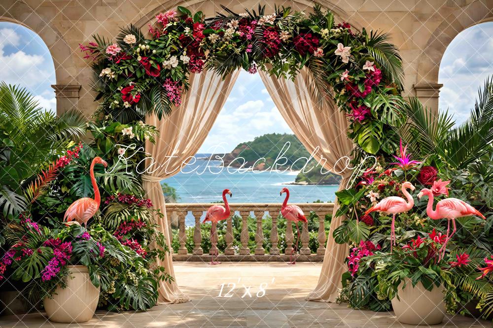Kate Tropical Flower Arch Flamingos Ocean View Printed Backdrop Designed by Mini MakeBelieve