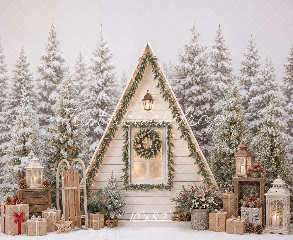 Kate Christmas Rustic Cabin Snowy Trees Lanterns Gifts Printed Backdrop Designed by Emetselch