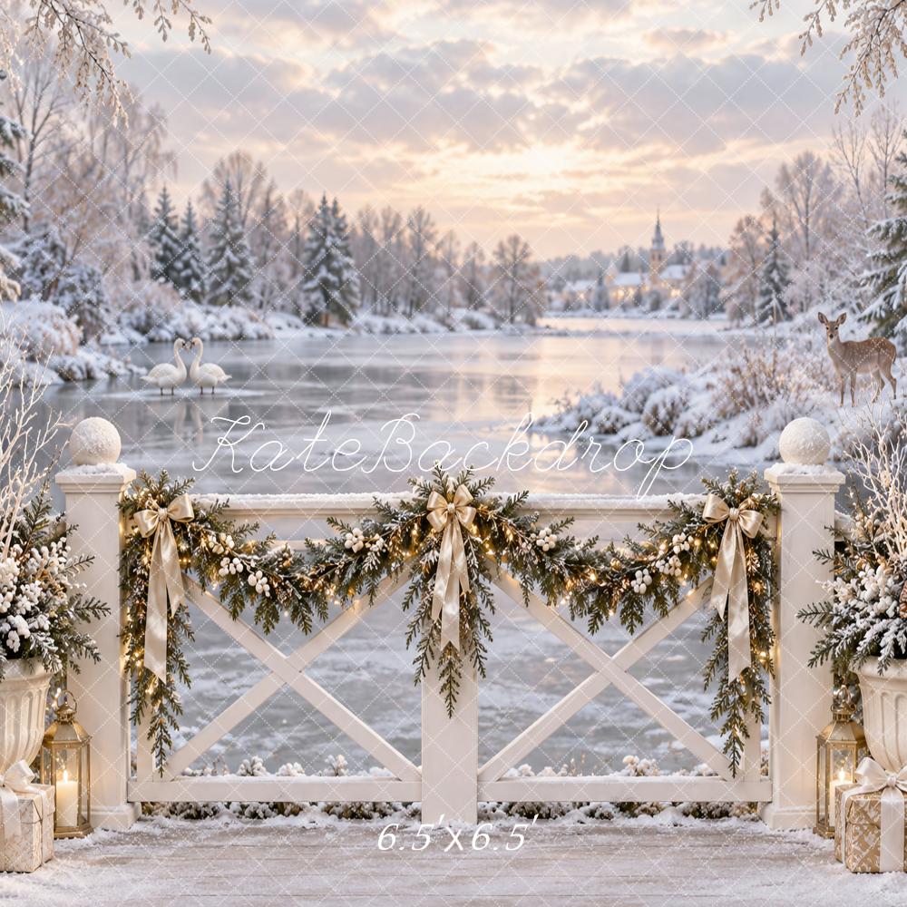 Kate Christmas Winter Snowy Lake Bridge Garland Swans Printed Backdrop Designed by Vertigo Productions