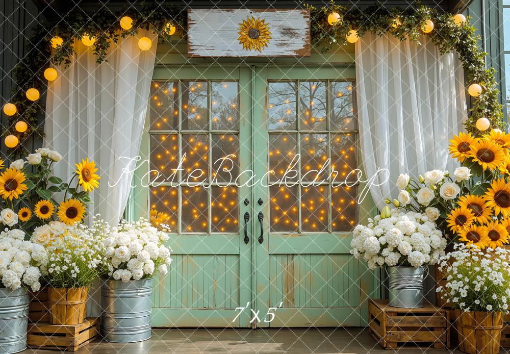 Kate Fall Sunflower Green Door String Lights Floral Backdrop Designed by Mini MakeBelieve