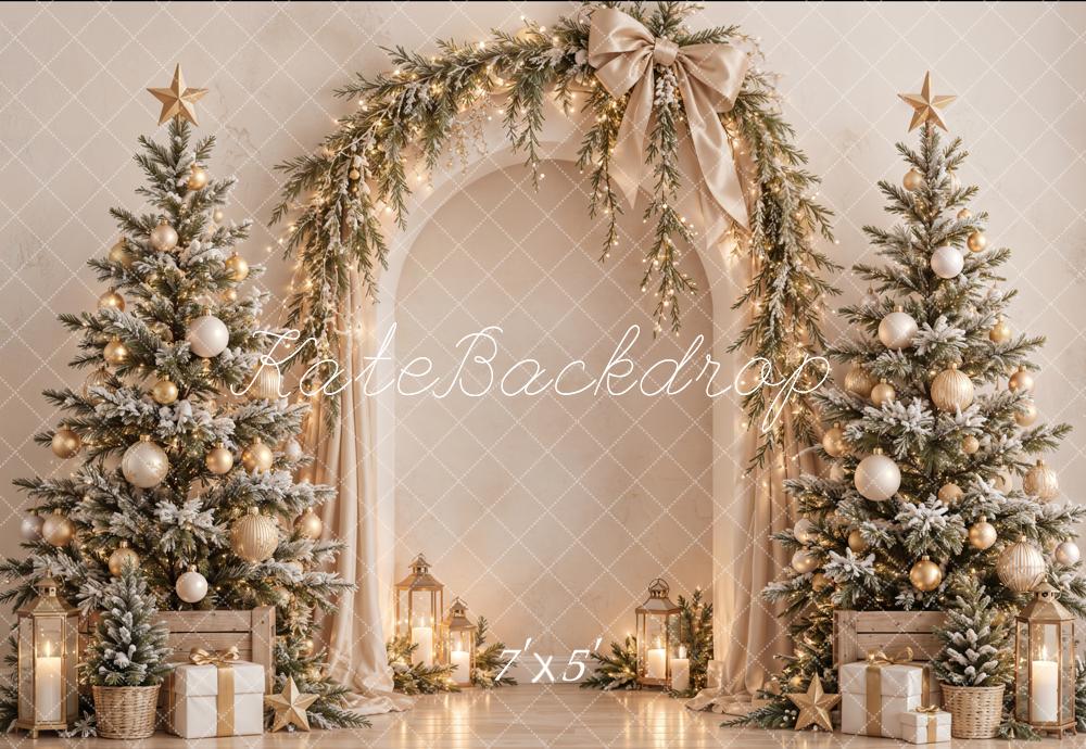 Kate Christmas Tree Arch Garland Bow Gold Ornaments Printed Backdrop Designed by Emetselch